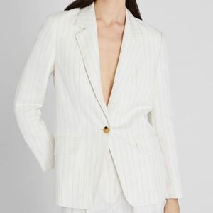 NWT XS Pinstripe Single-Breasted Linen-Blend Blazer Ivory Mix